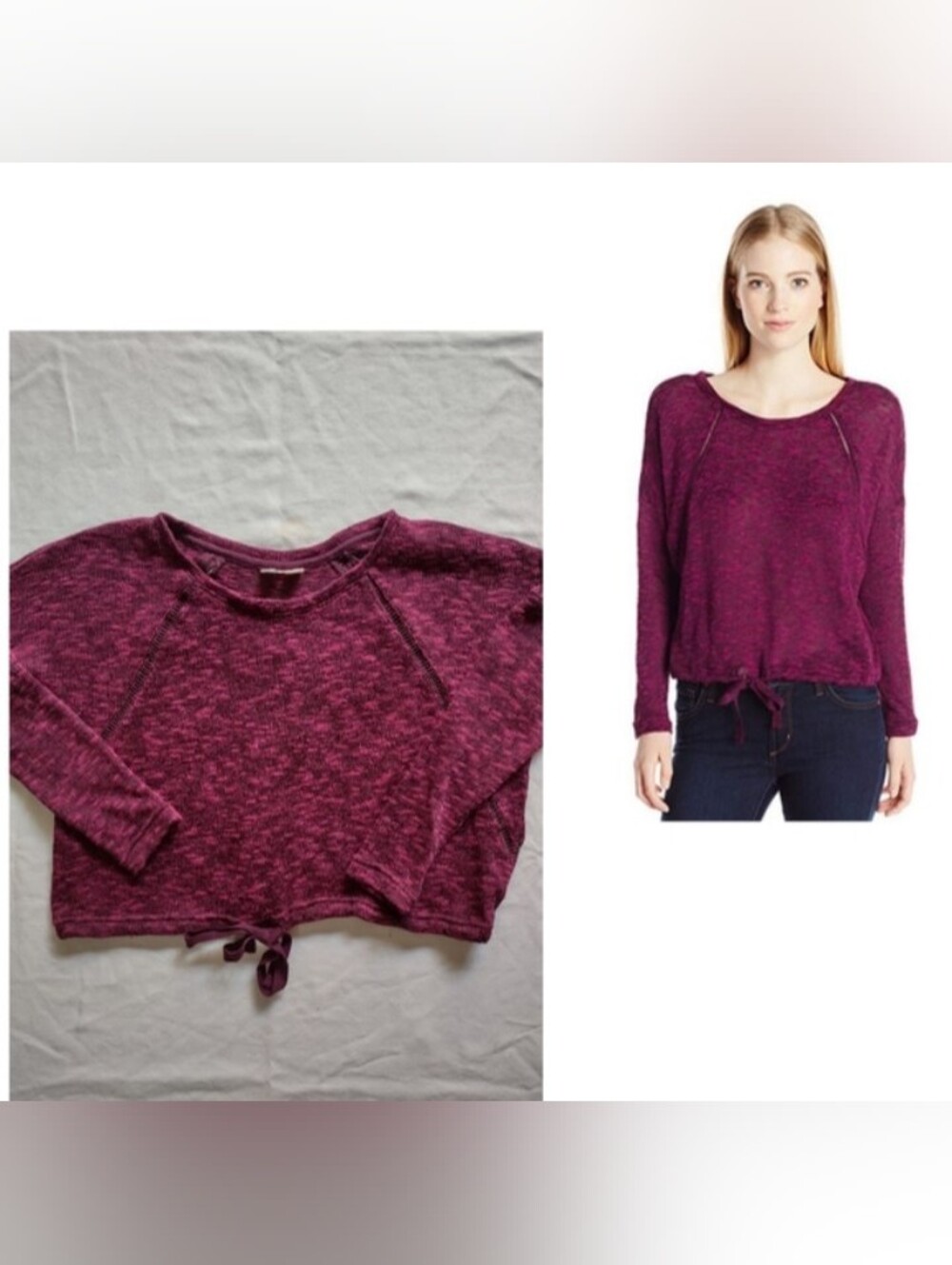Roxy Marbled Berry Purple Eyelet Knit Cropped Tie Front Sweater Athleisure XS